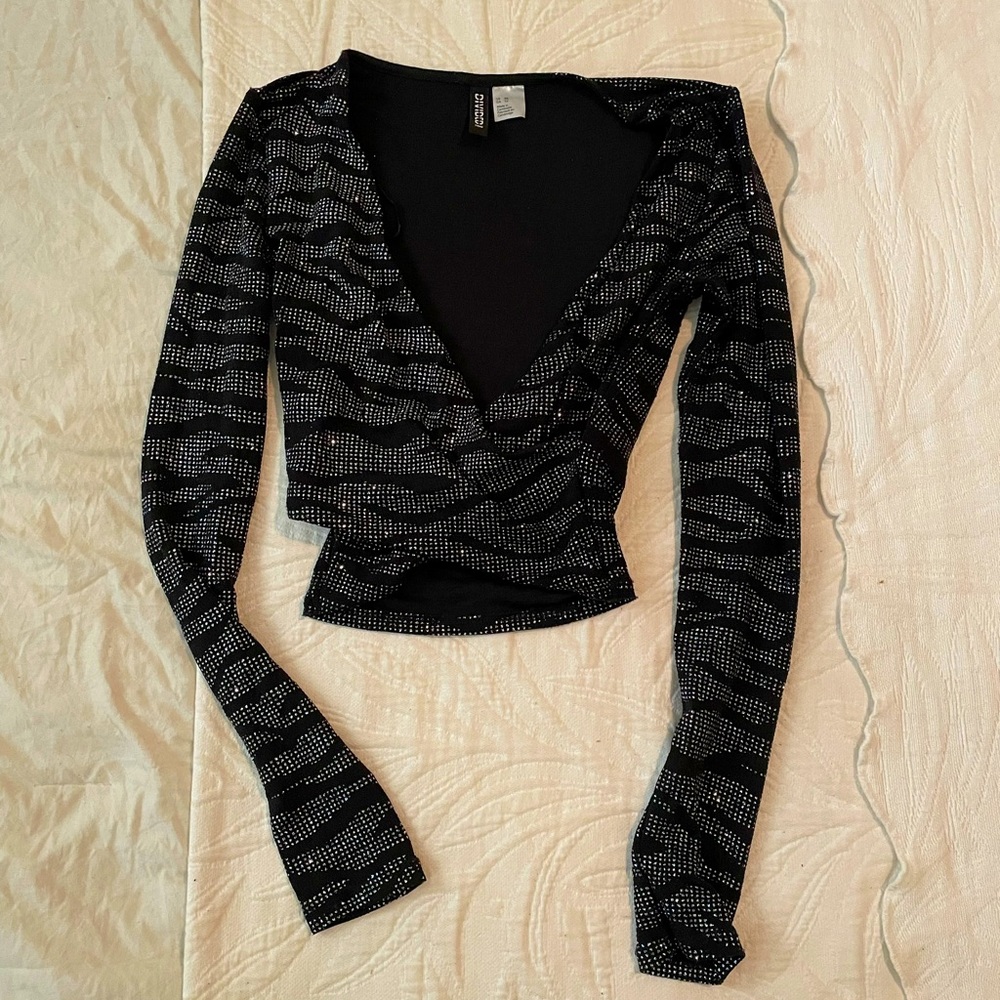 Sparkly Wrap Crop Top  Black With Silver Zebra Print Design Crystals worn once!